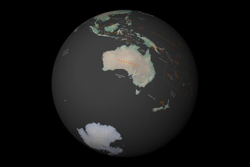 globe with cartographic grid and terrain relief on black background