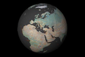 globe with cartographic grid and terrain relief on black background