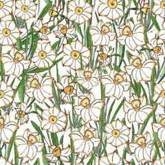 Seamless pattern of daffodil flowers. Color illustration, handmade. Botanical hand-drawn illustration.Design for packaging, weddings, fabrics, textiles, Wallpaper, website, postcards.