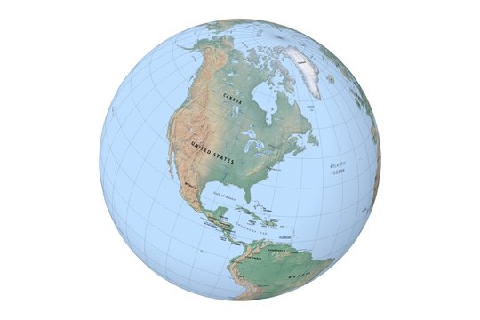 Globe with North America, Middle America and Greenland, with cartographic grid and terrain relief on white background. Northen hemisphere, Western hemisphere, Antlantic ocean and Pacific. 
