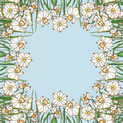 Obraz premium frame of daffodil flowers. Color illustration, handmade. Botanical hand-drawn illustration.Design for packaging, weddings, fabrics, textiles, Wallpaper, website, postcards.