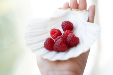 hand holding handful of raspberries lies in a mother of pearl plate in the form of a shell