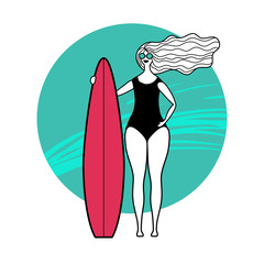 white girl stands on surf vector illustration