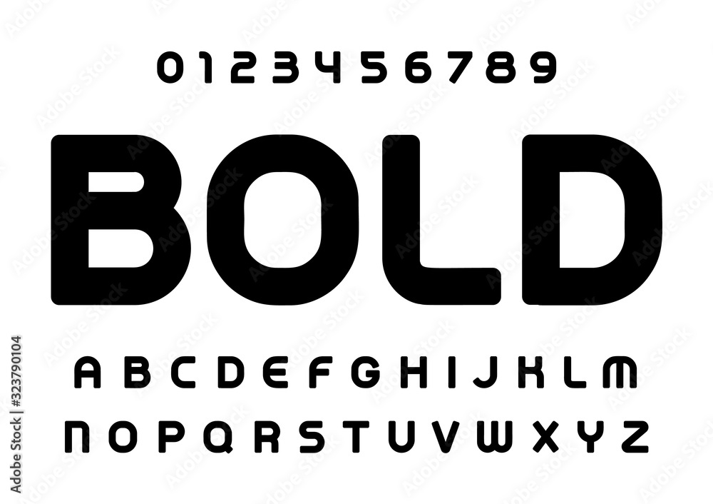 Poster bold letters and numbers set. soft style alphabet. font for events, promotions, logos, banner, monog