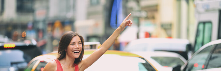 Hailing a taxi cab ride in New York City header. Asian woman with hand up for rideshare car in traffic panoramic banner.