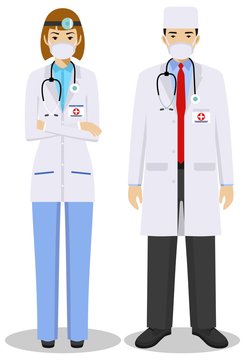 Medical teamwork concept. Detailed illustration couple of paramedic man, woman, emergency doctor, nurse in flat style. Practitioner doctors standing together in protective masks. Vector illustration.