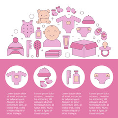 Baby welcome box concept with baby care icons.