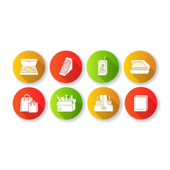 Takeaway food flat design long shadow glyph icons set. Carry out packages for meal. Fast food delivery. Packed pizza, sandwich, hamburger. Takeout lunch. Silhouette RGB color illustrations