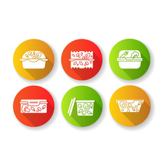 Plastic salad containers flat design long shadow glyph icons set. Reusable food packages. Lunch boxes. Packed dinner. Take out meal storage. Silhouette RGB color illustrations