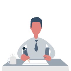 Man sits at a table and works. Young businessman working at office. Vector illustration.