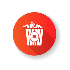 Bucket of chicken wings red flat design long shadow glyph icon. Fast food menu dish. Crispy, roasted fried meat in cardboard package. Takeaway tasty restaurant meal. Silhouette RGB color illustration