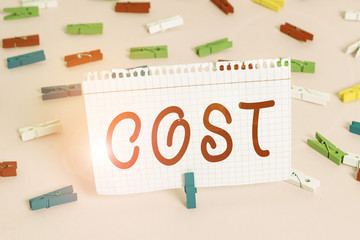 Handwriting text Cost. Conceptual photo The amount that usualy paid for a item you buy or hiring a demonstrating Colored clothespin papers empty reminder pink floor background office pin