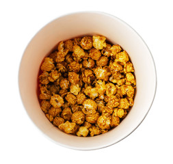 Top view of popcorn in a box isolated