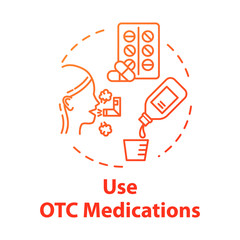 Use OTC medication concept icon. HEalthcare for disease. Cough syrup. Flu medication. Influenza treatment. Healthcare idea thin line illustration. Vector isolated outline RGB color drawing