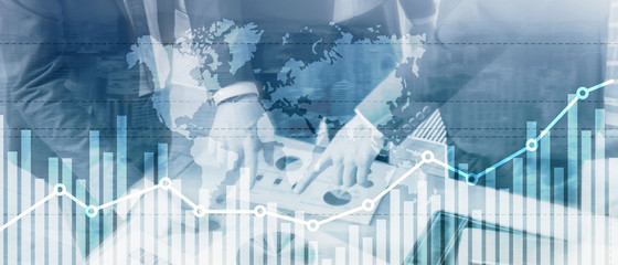 Business finance growth graph chart analysing diagram trading and forex exchange concept double exposure mixed media background website header.