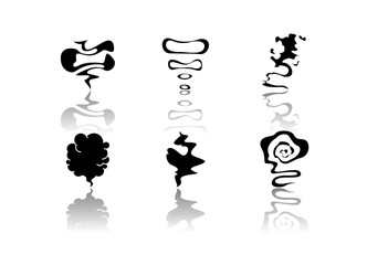 Odor drop shadow black glyph icons set. Smell from hookah. Aroma from cannabis. Cigarette stream. Bad scent. Hot mist. Incense, stench. Isolated vector illustrations on white space