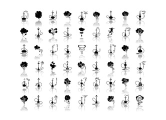 Hookah bar drop shadow black glyph icons set. Sheesha house. Nargile lounge. Odor from pipe. Scent of vaporizing. Smoking area. Fragrance emblem. Isolated vector illustrations on white space