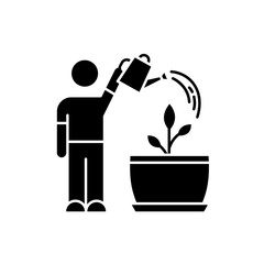 Watering sapling black glyph icon. Plant growing process. Indoor gardening. Moisturizing, rehydrating potting soil. Moistening plants. Silhouette symbol on white space. Vector isolated illustration