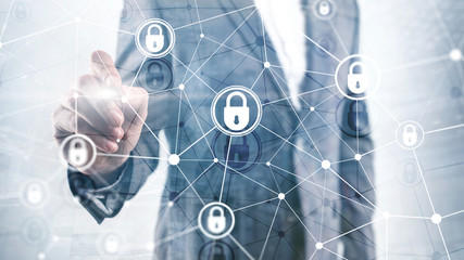 Cyber security, information privacy, data protection concept on modern server room background....