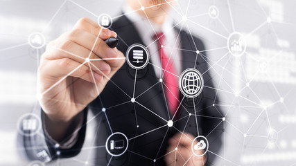 ICT - information and telecommunication technology and IOT - internet of things concepts. Diagrams with icons on server room backgrounds.