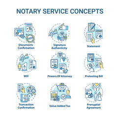 Notary services concept icons set. Legislation and public regulation. Certificate, guarantee. Common law idea thin line RGB color illustrations. Vector isolated outline drawings. Editable stroke