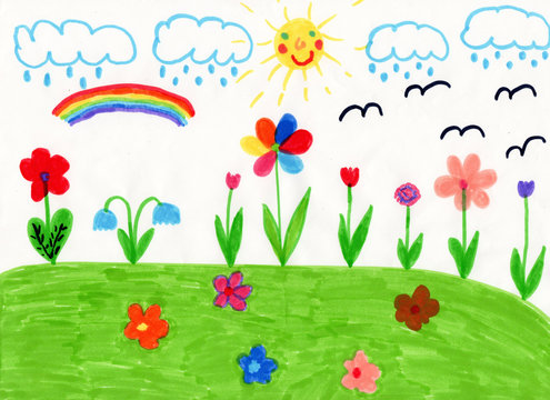Childish drawing of house flowers and rainbow