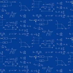 Physics, electronic engineering, mathematics equation, scheme and calculations, endless hand writing. Vector blueprint. Technology seamless pattern.