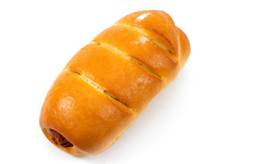 bun with sausage on a white background