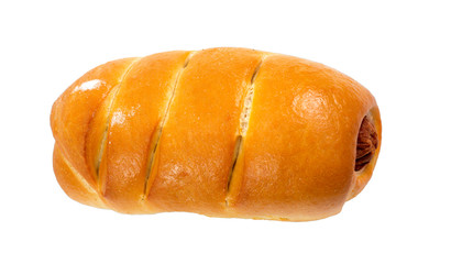 bun with sausage on a white background