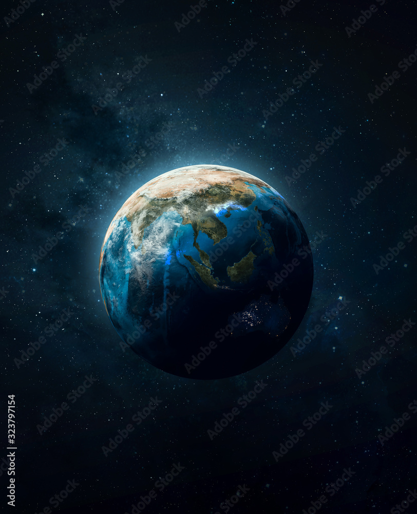 Poster earth planet ball in the deep space. sci-fi wallpaper. blue ocean and continents. elements of this i
