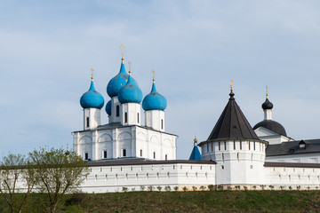 Fototapeta na wymiar Symbols of Russian Orthodoxy - Orthodox male monastery (Visotskiy) in Serpukhov, Russia