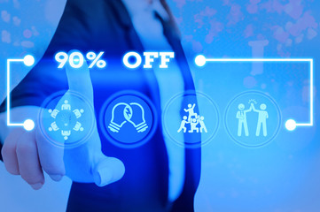 Conceptual hand writing showing 90 Percent Off. Concept meaning 90 percent reduction on the...
