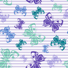 Flying butterfly silhouettes over striped background vector seamless pattern.