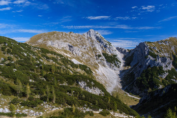 View to beautiful valley and Mali Draski vrh in Slovenian alps