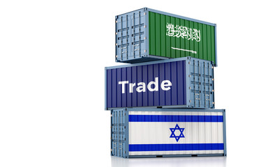 Freight container with Saudi Arabia and Israel flag. 3D Rendering