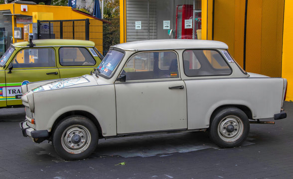 East German Trabi cars on lot in Berlin nobody