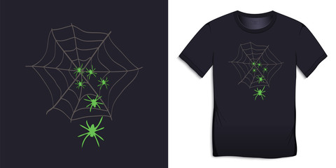 Print on t-shirt graphics design, spider web with spiders, isolated on background vector