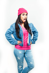 young happy smiling latin american teenage girl emotional posing on white background, lifestyle people concept