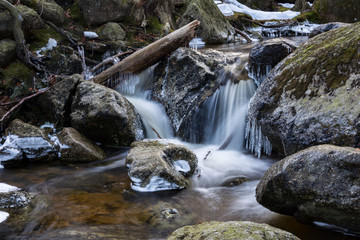 Waterfalls on the brook in winter. Flowing water in naturally between stones and pieces of ice.