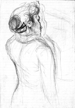 A rough sketch of a standing young woman in clothes with her back to the viewer. Drawing with a ballpoint pen on checkered paper.