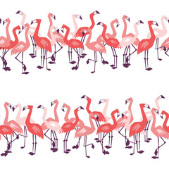 Seamless vector pattern with pink flamingos crowd. Exotic tropical bird. For wrapping paper, fabric, textile, wallpaper, background