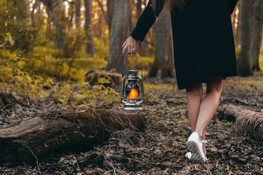 Girl with oil lamp is walking at the wilderness and looking for. Dark forest, evening. Summer time. Travel story.