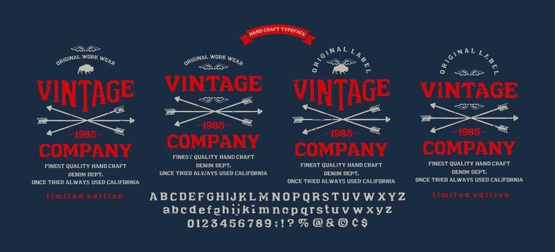 Original vintage Denim print for t-shirt or apparel. Old school vector graphic for fashion and printing.  Retro alphabet in western style ,  Serif type letters.Handmade Vintage Font for labels