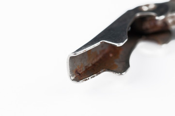 Corkscrew and wine cork isolated on white background.Copy space