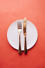 plate, fork, knife on red table, elegant tableware 