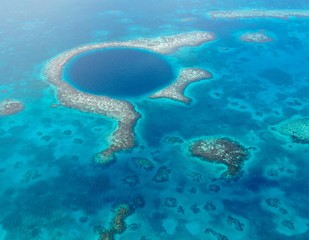 Aerial views of The Great Blue Hole and Light House Reef in Belize