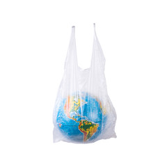 Earth planet in a plastic, eco no plastic concept, globe in plastic.
