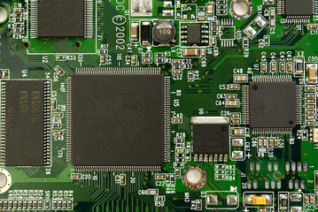 Electronic board can be used as background . Close up of a printed green computer circuit board