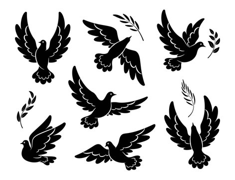 Flying dove black silhouettes.  Pigeons set peace and love symbols. Dove with olive branch Christian religious symbol. Isolated. Vector illustration
