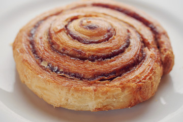 One crispy cinnamon roll on a white plate, bakery product.